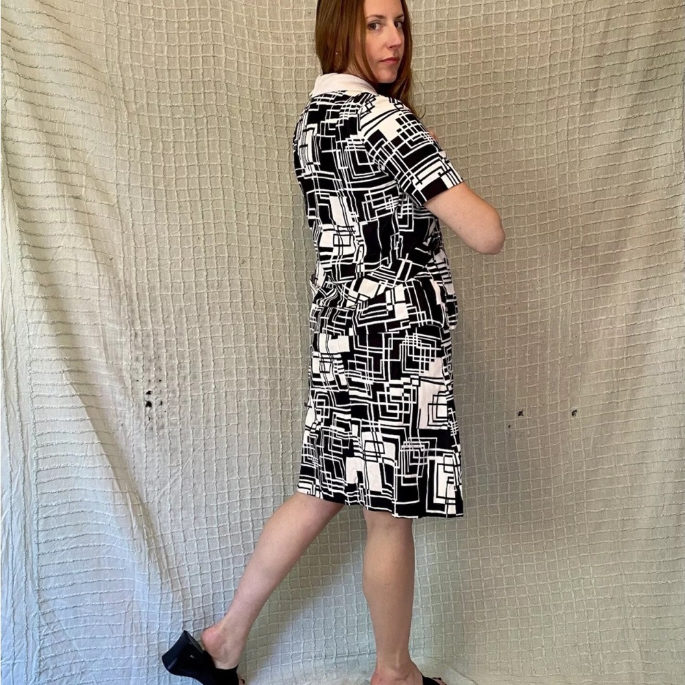 Vintage 60s Mod Black & White Geometric Print Dress Jacket Set by Rona size M - Picture 7 of 15